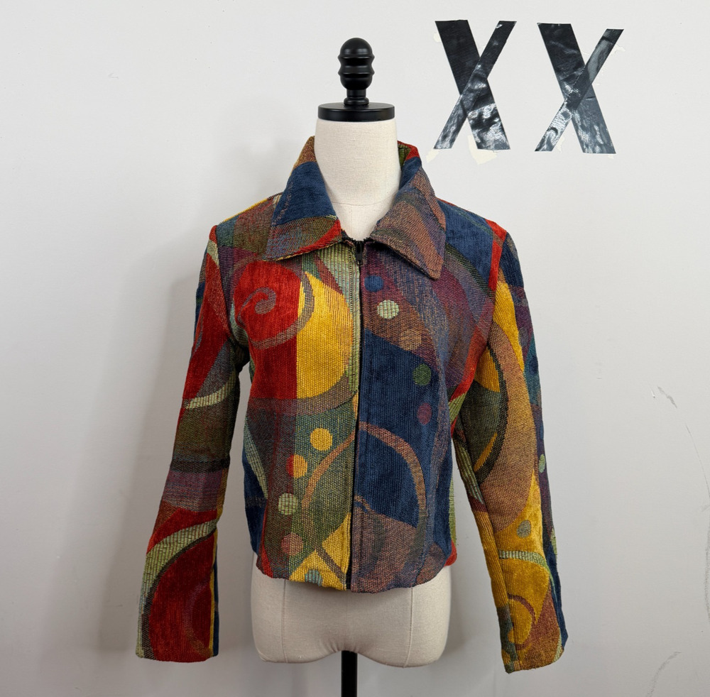 Vintage 90s Heirlooms Laguna Beach Tapestry Geometric Cropped Boxy Zip Jacket S